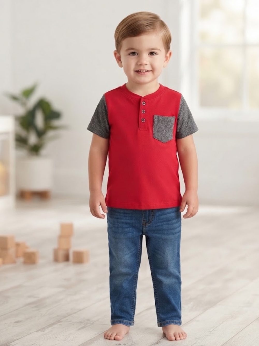 Take 50% OFF- Boys 2pcs Tee with Contrast Gray Pocket and Jeans, Size-5
